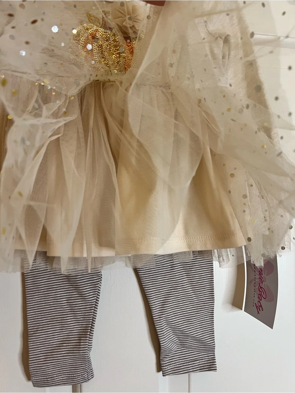 Bonnie Baby Cream and Gold Pumpkin Tulle Dress & Striped Leggings Set 3-6 month